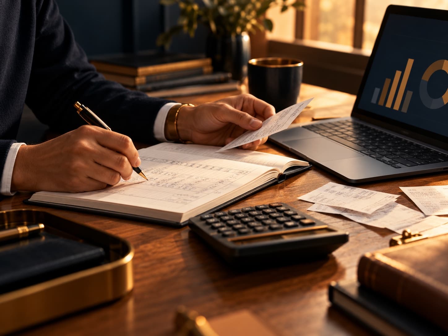 Bookkeeping records and financial reports being reviewed